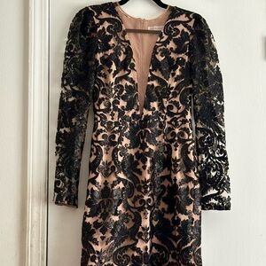 Dress the Population Black and Tan Bishop Sleeve Sheath Dress